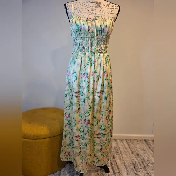 Astr Green/Yellow and Pink Floral Maxi Dress,Sapaguetri Straps, Size M. - Picture 1 of 14
